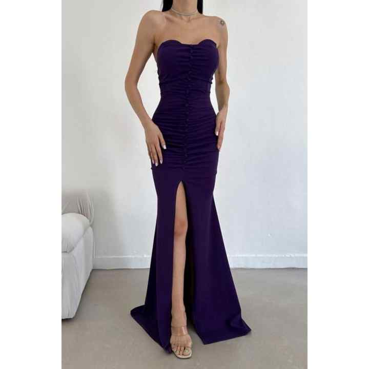 Buttoned Strapless Collar Slit Fish Fashion Evening Dress - EML-MosEL582550