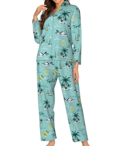 Women Coffee Print Floral <b>Pajama</b> Set Short Sleeve V-Neck Knitted Cotton Sleepwear Casual Full Length Elastic Waist Spring Front - Product Image 6