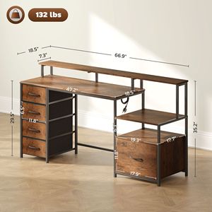Rustic Brown 67\" PC Desk with <b>Power</b> Outlets LED Lights <b>File</b> Cabinet Fabric Drawers - Product Image 3