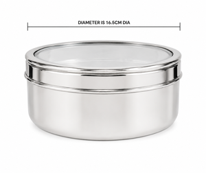 Dheer International - Tapa de Vidrio Moderna de Acero Inoxidable de Grado Alimenticio 202 (N.° 10) (Masala Dibba) (16.50 cm de Diámetro) con Cuchara, Venta al por Mayor - Product Image 2