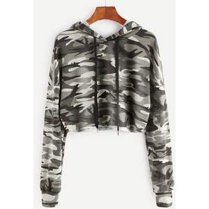 Hoodie court camouflage personnalisé pour femme – Vente en gros de sweats à capuche courts camouflage à manches longues pour femme sur mesure - Product Image 3