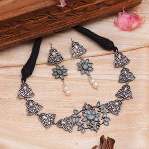 New Arrival Traditional Oxidized Silver Bridal Choker Necklace Set with Earrings, Brass Jewelry for Women Wedding & Engagement - Product Image 1
