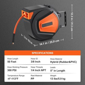 Avvolgitubo Ibrido Retrattile 3/8 X 50 FT 300 PSI per Aria Compressa, Montaggio a Soffitto/Parete, Strumento per Riparazioni Auto con 5 Prese Interne - Product Image 2