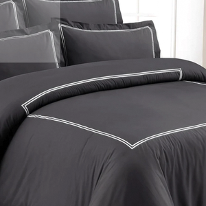 Modern T-150 Cotton Charcoal Baratta Stitch Quilt Cover Solid <b>Black</b> with <b>White</b> Stitching 3 Piece <b>Bedding</b> - Product Image 2
