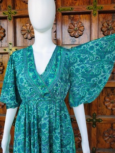 Robe longue vintage simple pour femme, écologique, respirante, infroissable, ample, à volants, en soie naturelle, col en V, manches flottantes, pour le quotidien - Product Image 2