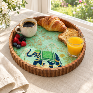 Botanical Enamel <b>Round</b> Wood <b>Tray</b> | Natural Wood Serving <b>Tray</b> with Ribbed Edge Elephant Floral Design Dining <b>Table</b> Home Decor Art - Product Image 3