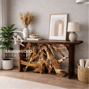 Table console en teck massif, écologique, durable, fabriquée à la main, avec côtés en bois de noyer et centre en racine de teck - Product Image 4