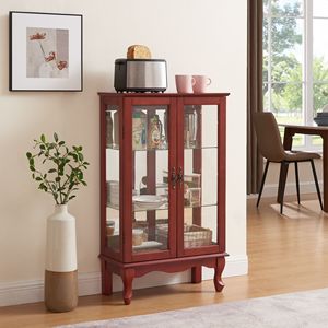 Vetrina Illuminata con 2 Ante in Vetro Temperato, Ripiani Regolabili e Pannello Posteriore a Specchio, Credenza Espositiva - Product Image 3