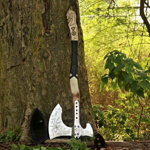 Hacha Vikinga Decorativa Hecha a Mano, con Grabado, Doble Cabeza, Hoja de Acero Forjado, Mango de Madera, para Camping y Bricolaje - Product Image 3