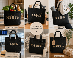 Bolsa de Lona Negra con Estampado de Fases Lunares, Estilo Bohemio, Cierre Personalizado para Compras y Viajes, Todas las Temporadas - Product Image 6