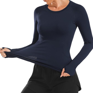 <b>Women's</b> <b>Navy</b> Blue Long Sleeve Crew Neck Yoga <b>Top</b> Breathable Solid Color Activewear Shirt Regular Fit Full Sleeve - Product Image 3