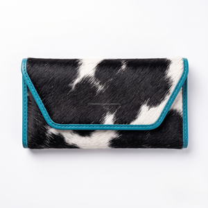 Genuine Cowhide Trifold Clutch <b>Wallet</b> Hair On Hide Black White Western Boho Turquoise Leather <b>Purse</b> With Snap Closure Card Slots - Product Image 1