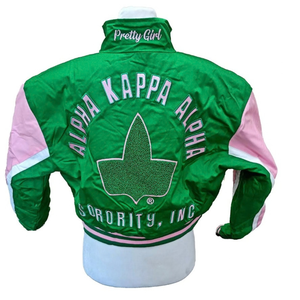 AKA Pink <b>and</b> Green Crop Jacket Women Sorority Inspired Colorblock Short <b>Coat</b> Lightweight Casual Greek Style Outerwear Fashion - Product Image 2
