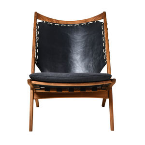 Fauteuil lounge moderne en teck avec dossier en cuir cousu écologique et imperméable, assise confortable et coussin moelleux - Product Image 4