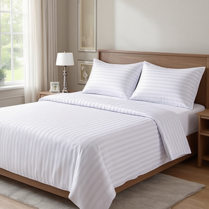 Juego de Sábanas Blancas de Satén con Rayas de 1 cm, 300 Hilos, Estilo Simple, Funda de Edredón de 1 cm para Cama Matrimonial, Hotel, Hogar - Product Image 3