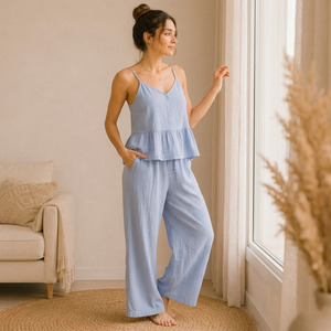 Conjunto de Pijama de Gasa de Algodón Transpirable para Mujer, Ropa de Dormir y Descanso Ecológica para Verano - Product Image 1