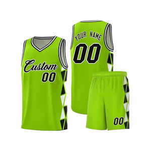 Ensemble de maillots de basket personnalisés vert col en V sans manches en mesh imprimé géométrique unisexe adulte anti-transpiration - Product Image 1