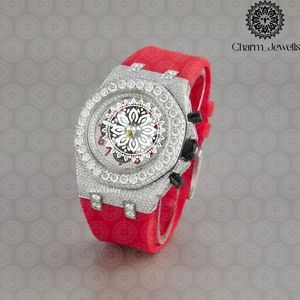 Charm Jewells Unisex Stainless Steel Sport Watch <b>Red</b> Band Diamond Accents Mechanical Movement 20mm Buckle 40mm Dial 10 Bar Water - Product Image 3