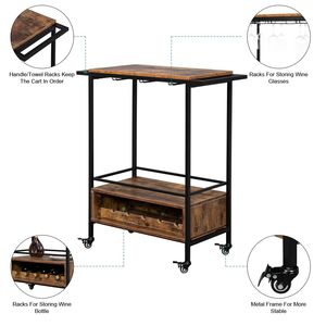 Carrello portaoggetti HODELY a due strati con braccioli doppi, in pannello di densità ignifuga spessore 1,5 mm, vernice nera, griglia in legno piccola, ferro rimovibile - Product Image 5