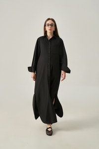 Vestido Maxi a Rayas de Algodón Tejido para Mujer, Cierre de Botones al Frente, Cuello Camisero, Corte Holgado, Transpirable, Estilo Casual Minimalista - Product Image 2