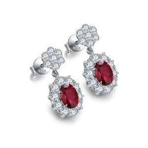 Classic 925 <b>Silver</b> <b>Drop</b> <b>Earrings</b> With Oval Ruby And Diamond Flower Design For Women Wedding Jewelry - Product Image 1
