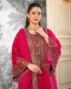Ensemble Salwar Kameez brodé rose pour femmes, tenue Sharara ethnique avec dupatta pour mariage et fête - Product Image 2