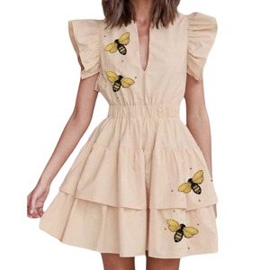 2026 Wholesale Factory <b>Casual</b> Custom One <b>Shoulder</b> Summer Beachy Tiered Knee-Length Breathable <b>Dress</b> Stars Beaded Patches - Product Image 5