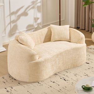 Divano Curvo Beige per Due Persone con Braccioli per Appartamenti di Piccole Dimensioni, Include Due Cuscini - Product Image 2