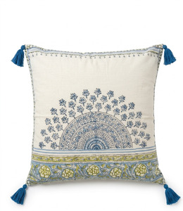 Artisan Hand-<b>Blocked</b> Traditional Decorative Pillow Case Featuring Semicircular Motifs and <b>Corner</b> Tassels, Bulk Supplier18X18 - Product Image 4