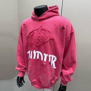Sudadera con capucha extragrande rosa y negra para hombre, de algodón tejido, con logo en relieve, bolsillo frontal, estilo casual urbano, antiencogimiento - Product Image 4