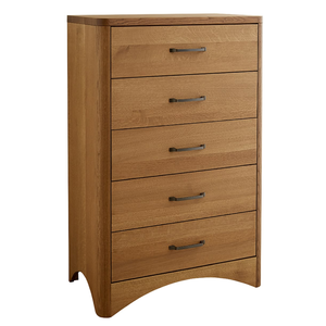 Modern Scandinavian Solid Teak Wood 5-Drawer Tall <b>Chest</b> Dresser <b>with</b> Curved Edges and Arch Apron - Product Image 1