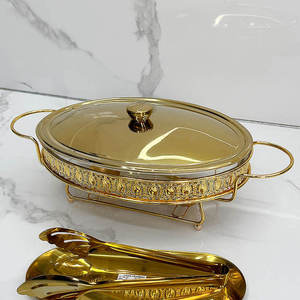 Luxury Round Stainless Steel Chafing Dish <b>Buffet</b> Food Warmer Gold Finish Ornate Pillar Stand Glass Lid Wedding Catering <b>Server</b> - Product Image 4