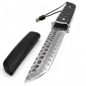 Handcrafted Fixed Blade Hammered Damascus Steel Utility <b>Knife</b> Industrial Grade OEM <b>Carved</b> Ebony Handle Steel Guard Wooden Sheath - Product Image 3
