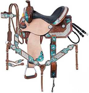 Silla de montar western de cuero genuino suave, hecha a mano, con incrustaciones de turquesa cristalina y adornos florales, herrajes de latón, de primera calidad y duradera. - Product Image 3