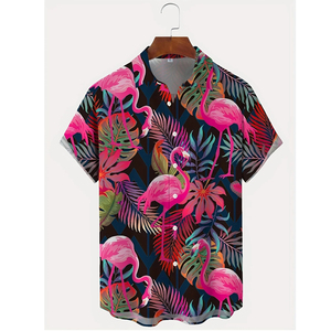 เสื้อเชิ้ตฮาวายแขนสั้นผู้ชาย OEM ลายฟลามิงโก สีชมพูขาวลายทาง ผ้าป๊อปลิน ระบายอากาศได้ดี ปกคอพับ สไตล์วันหยุดฤดูร้อน - Product Image 3
