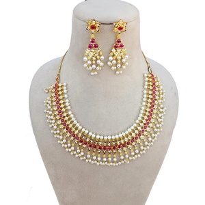 <b>Ruby</b> Pink Pearl Gold Plated Brass Vintage <b>Necklace</b> Set South Indian Bridal Jewelry Traditional Indian Wedding - Product Image 1