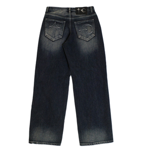 Jeans de Mezclilla para Hombre, Lavado Oscuro, Corte Recto, Ajuste Holgado, Patrón Geométrico Dibujado a Mano, Estilo Urbano, Otoño, Algodón de Peso Medio - Product Image 4