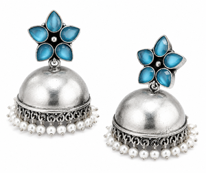 Blue Stone <b>Oxidized</b> Silver Jhumka Earrings for Women Bollywood Ethnic Traditional Pearl Drop Earrings Wholesale Indian Jewelry - Product Image 1