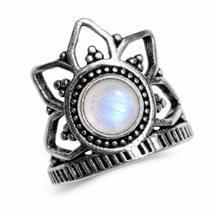 Bohemian Star Moonstone Cocktail <b>Ring</b> Brass Antique <b>Silver</b> Plated Round Natural Stone Bezel Setting Unisex Jewelry - Product Image 1