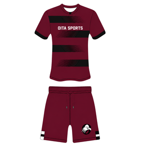 Ensemble short et maillot de rugby noir bordeaux à manches courtes, col rond, rayé, uniforme d'équipe personnalisé, respirant, pour l'entraînement et la performance athlétique - Product Image 1