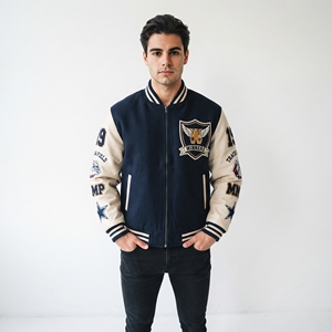 Chaqueta Varsity para Hombre con Cierre, Parches de Cuero de Béisbol en las Mangas, Parches Bordados, Cuello Redondo, Estilo Urbano, Oversize, Tipo Letterman - Product Image 6