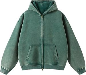 Sudadera con capucha de invierno para hombre, 100% algodón, con cremallera completa, lavado ácido y vintage, de gramaje alto, estilo streetwear, con etiqueta personalizada, al por mayor - Product Image 1