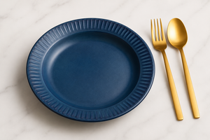 Luxury Stoneware Pasta & Salad <b>Plate</b> Premium Blue Fluted <b>Ceramic</b> Pasta <b>Plate</b> Stoneware Wide Rim Dinner Bowl - Product Image 3