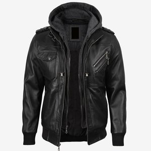 Chaqueta con capucha negra con logotipo personalizado RTS Wholesale para hombre, chaqueta de cuero vintage para hombre, chaquetas de alta calidad para hombre, chaqueta de invierno Highstreet - Product Image 4
