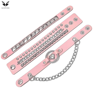 Premium Fashionable Pink <b>Leather</b> Studded <b>Bracelet</b> Heart & Chain Design Girls and Women Fashion Jewelry Multi-Layer Studded - Product Image 5
