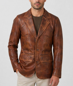 Icon by Gilani Men’s Brown Vintage Turn Down Collar <b>Button</b> Closure Leather <b>Blazer</b> - Product Image 1