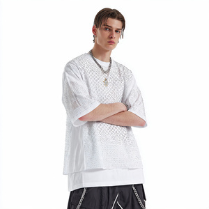 Camiseta de Doble Capa con Pedrería para Hombre, Estilo Urbano de Verano, Hombros Caídos - Product Image 1