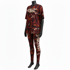 ชุดเสื้อยืดและเลกกิ้งผู้หญิง โพลีเอสเตอร์ผสมสแปนเด็กซ์ คุณภาพสูง 190 GSM ลายพิมพ์นามธรรมสีน้ำตาลแดง พร้อมโลโก้สกรีน - Product Image 4