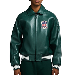 Chaqueta Bomber Avirex de Cuero Vacuno Verde Bosque para Hombre, Estilo Urbano, con Ribete Frontal de Punto y Puños a Rayas, Cuello de Solapa de Cuero - Product Image 3