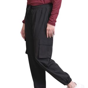Women's Black Cargo Jogger Pants High <b>Waist</b> Drawstring Loose Fit Multi Pocket Casual Utility <b>Trousers</b> <b>Elastic</b> Lightweight - Product Image 1